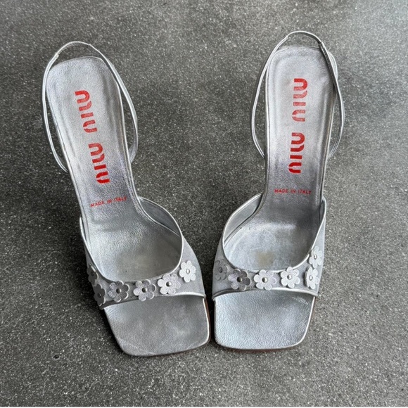 Miu Miu Shoes - Miu Miu Silver Metallic Floral Heels